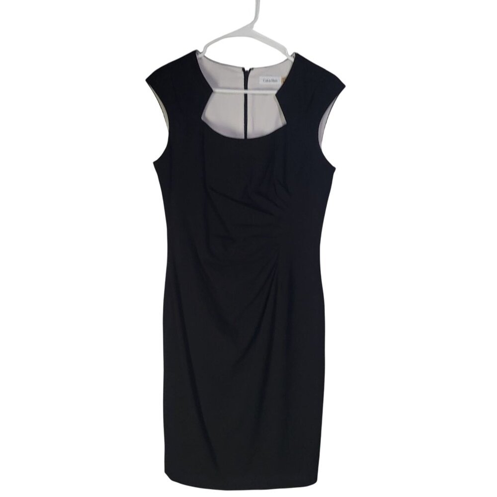 Calvin Klein Black Dress Womens SZ 8 Side Ruched Sheath Cocktail LBD - Picture 1 of 9